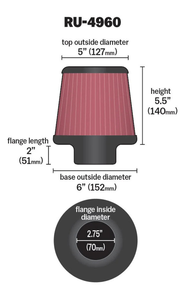 K&N Filter Universal Rubber Filter 2 3/4 inch Flange 6 inch Base 5 inch Top 5 1/2 inch Height - Additional View 5