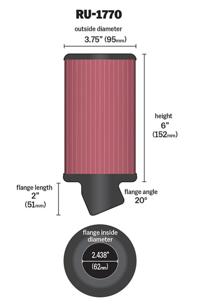 K&N Filter Universal Rubber Filter 2 7/16 inch 20 Degree Flange 3 3/4 inch OD 6 inch Height - Side View