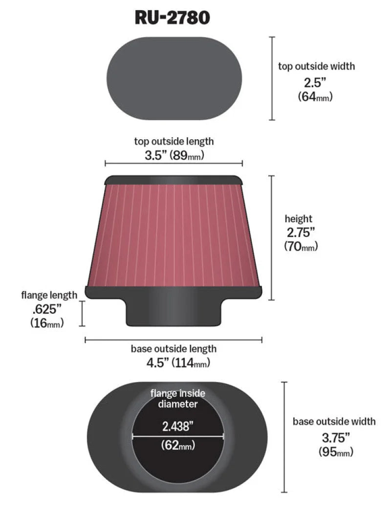 K&N Filter Universal Rubber Filter 2 7/16 inch Flange 4.5x3.75 inch Base 3.5x2.5 inch Top 2.75 inch - Back View