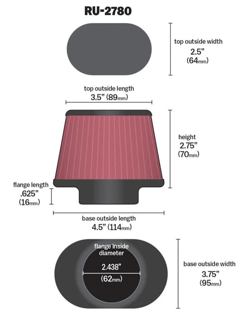 K&N Filter Universal Rubber Filter 2 7/16 inch Flange 4.5x3.75 inch Base 3.5x2.5 inch Top 2.75 inch - Back View