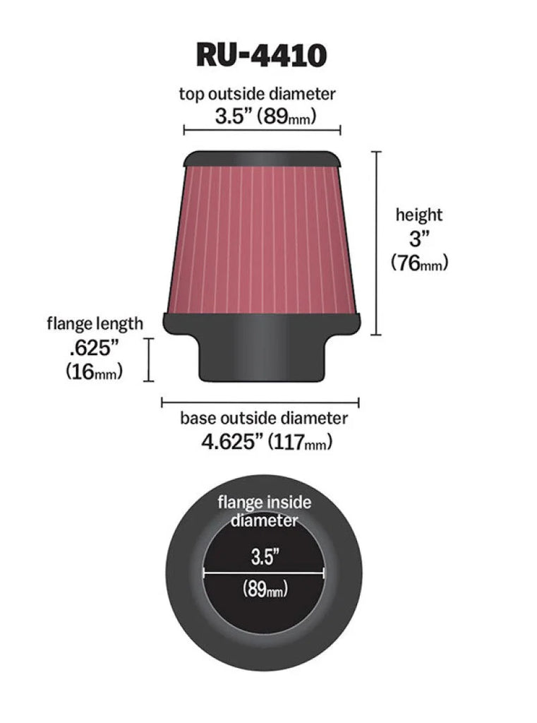 K&N Filter Universal Rubber Filter 3 1/2 inch Flange 4 5/8 inch Base 3 1/2 inch Top 3 inch Height - Side View