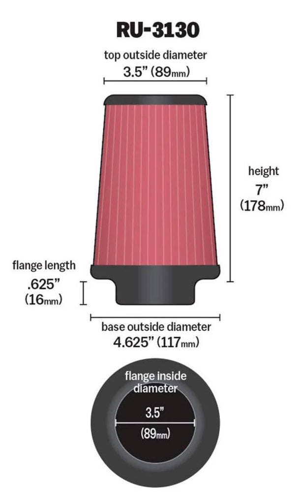 K&N Filter Universal Rubber Filter 3 1/2 inch Flange 4 5/8 inch Base 3 1/2 inch Top 7 inch Height - Additional View 10