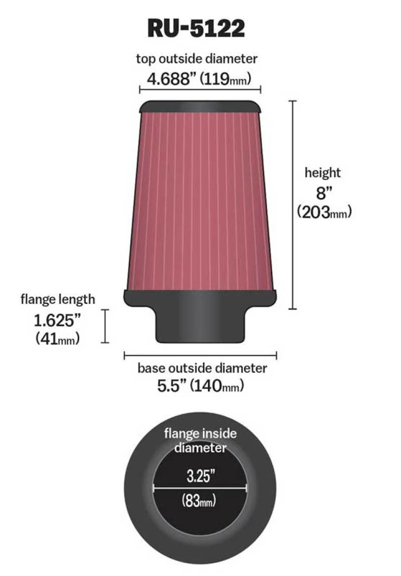 K&N Filter Universal Rubber Filter 3.25  Flange 5.5 Base 4.6875 Top 8 Height - Back View