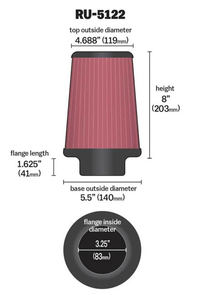 K&N Filter Universal Rubber Filter 3.25  Flange 5.5 Base 4.6875 Top 8 Height - Back View