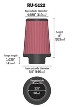 Load image into Gallery viewer, K&amp;N Filter Universal Rubber Filter 3.25  Flange 5.5 Base 4.6875 Top 8 Height - Back View