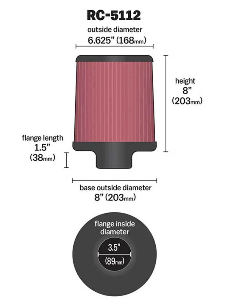 K&N Filter Universal Rubber Filter 3.5in Flange 6.625in Top 8in Height Center Hole - Side View