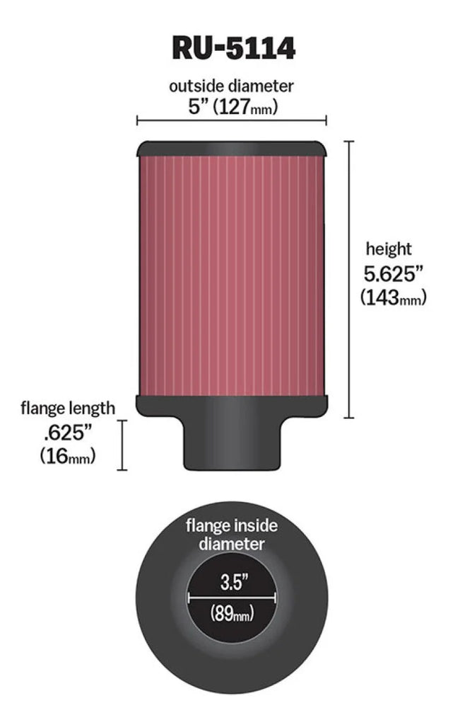K&N Filter Universal Rubber Filter 3.5in Flange ID x 5in OD x 5.625in H - Main Product View