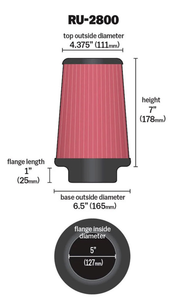 K&N Filter Universal Rubber Filter 5 inch Flange 6 1/2 inch Base 4 3/8 inch Top 7 inch Height - Main Product View