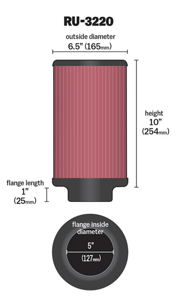 K&N Filter Universal Rubber Filter 5in Flange ID / 6.5in OD / 10in Height - Side View