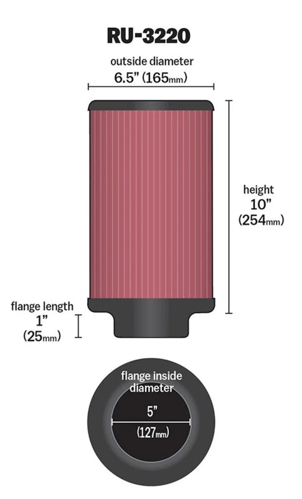 K&N Filter Universal Rubber Filter 5in Flange ID / 6.5in OD / 10in Height - Side View