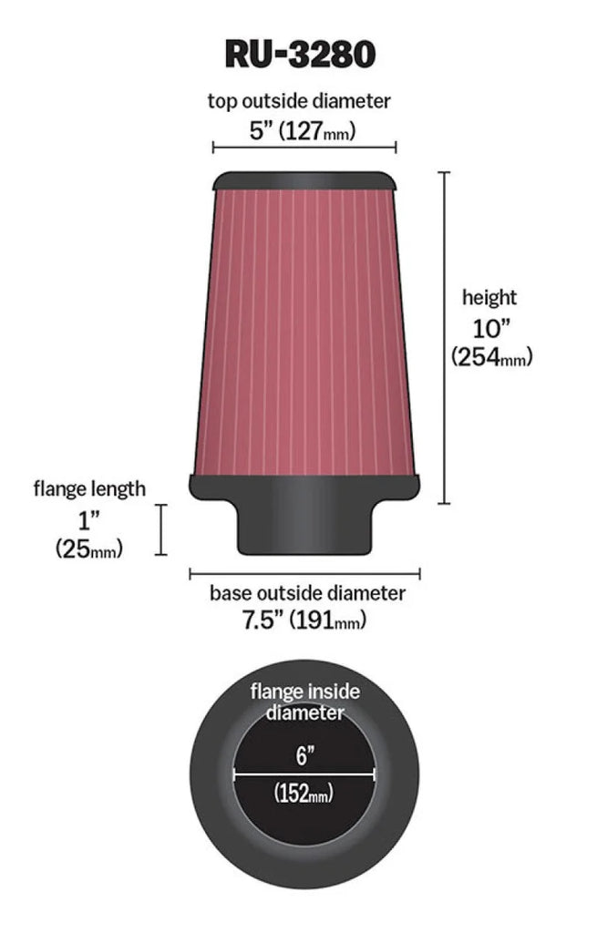 K&N Filter Universal Rubber Filter 6 inch Flange 7.5 inch Base 5 inch Top 10 inch Height - Side View