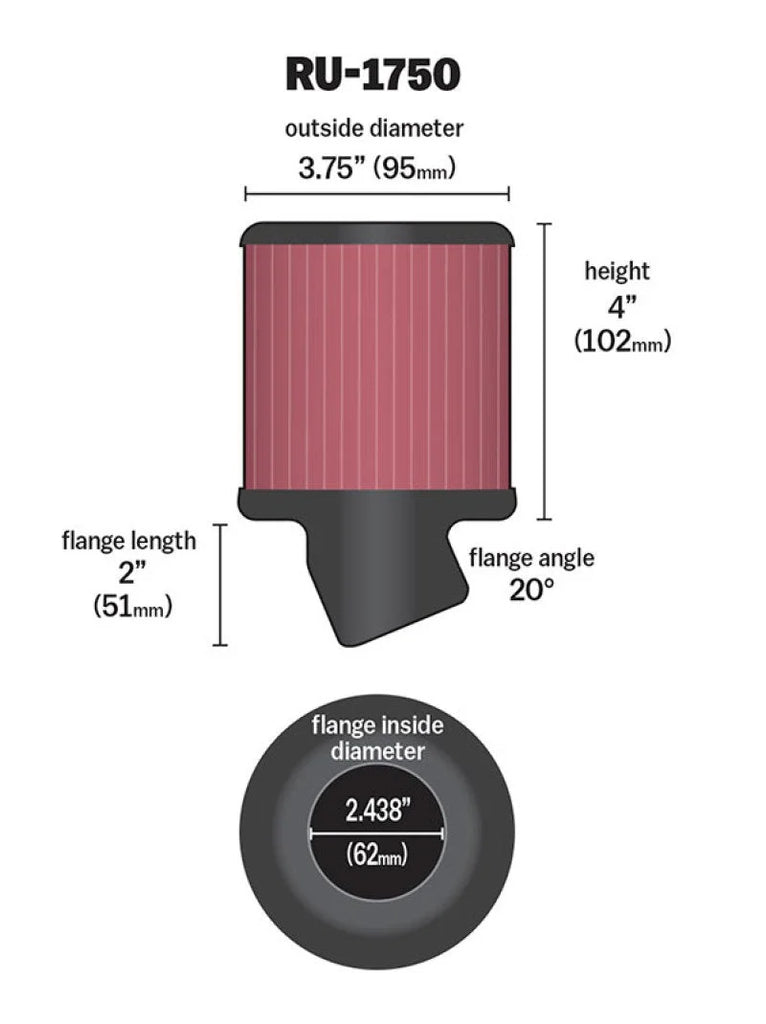 K&N Filter Universal Rubber Round Straight Filter 20 Deg Angled 2-7/16in Flange 3-3/4in OD 4in H - Additional View 8