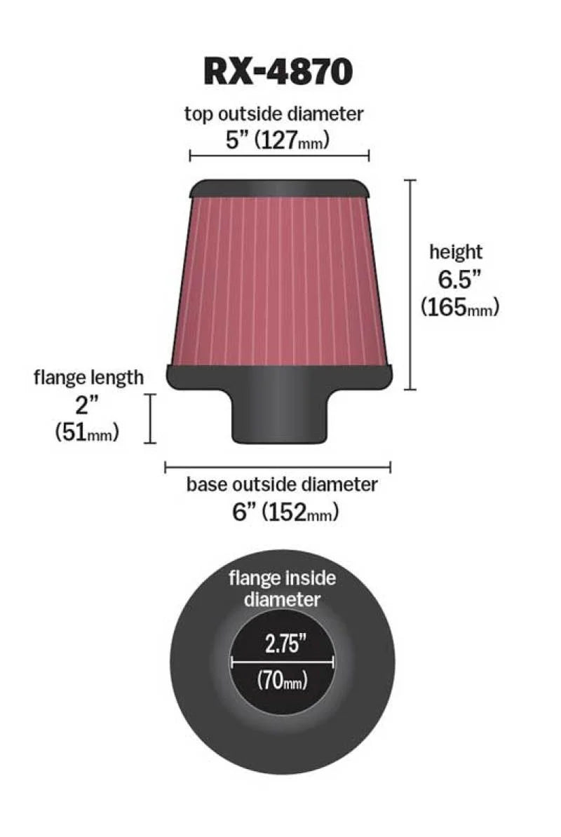 K&N Filter Universal X Stream Clamp-On 2 3/4 inch Flange 6 inch Base  5 inch Top 6 1/2 inch Height - Additional View 7