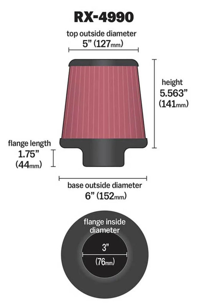 K&N Filter Universal X Stream Clamp-On 3 inch Flange 6 inch Base  5 inch Top 5 9/16 inch Height - Installation View