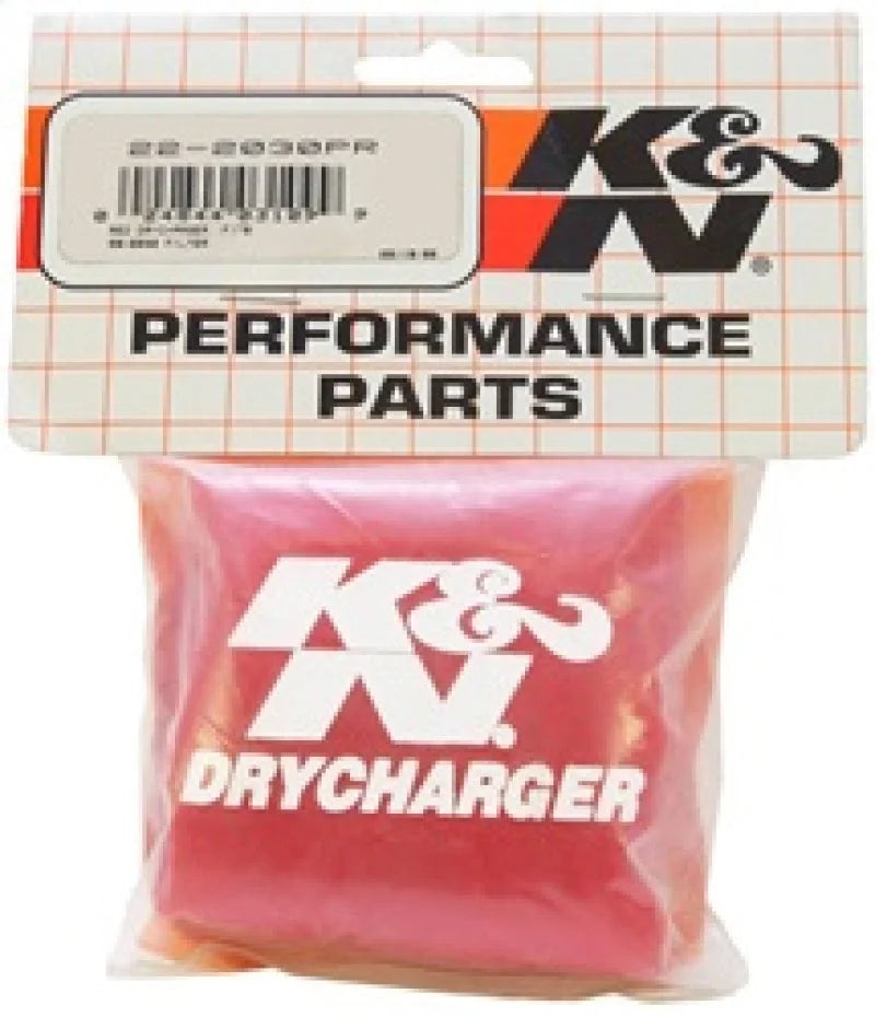 K&N Red Drycharger 5.25in x 3in Round Tapered Air Filter Wrap - Side View