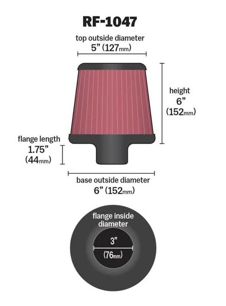 K&N Round Tapered Universal Air Filter 3 inch Flange 6 inch Base 5 inch Top 6 inch Height - Additional View 6