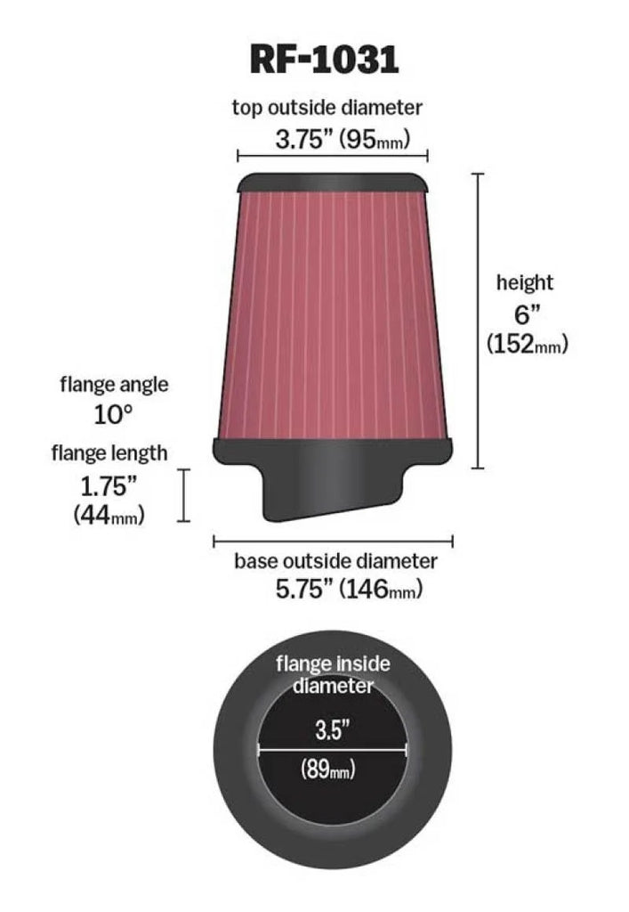 K&N Round Tapered Universal Air Filter 3.5in Flange ID / 5.75in Base OD / 3.75in Top OD / 6in H - Additional View 9