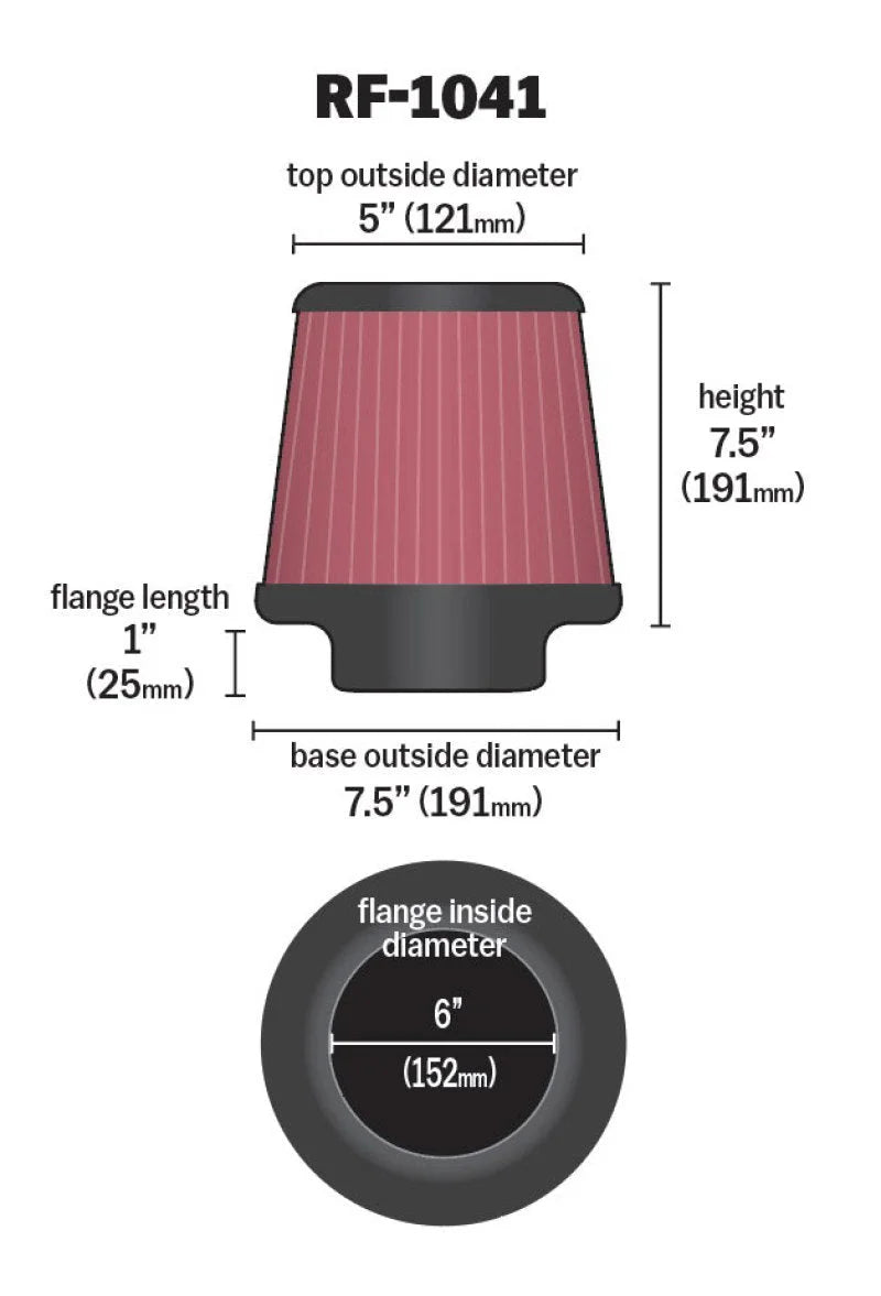 K&N Round Tapered Universal Air Filter 6 inch Flange 7 1/2 inch Base 5 inch Top 7 1/2 inch Height - Additional View 6