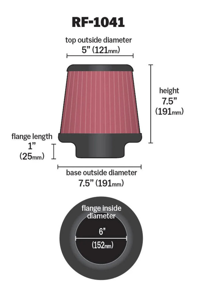 K&N Round Tapered Universal Air Filter 6 inch Flange 7 1/2 inch Base 5 inch Top 7 1/2 inch Height - Additional View 6