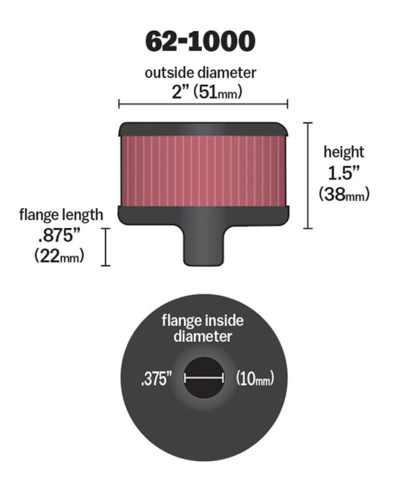 K&N Steel Base Crankcase Vent Filter 0.375in Vent OD x 2in OD x 1.5in Height - Side View
