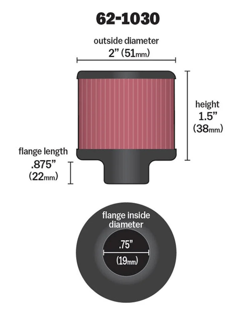 K&N Steel Base Crankcase Vent Filter .75in Vent OD x 2in OD x 1.5in Height - Side View