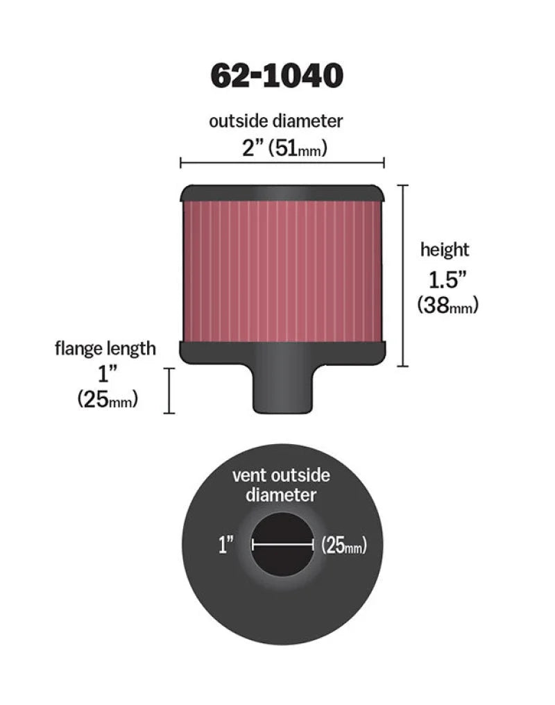 K&N Steel Base Crankcase Vent Filter/Breather 1in Vent OD x 2in OD x 1.5in Height - Side View