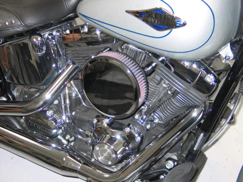 K&N Street Round Metal Intake System - Harley Davidson - Red Filter 6-8 Size 2.4in In Dia 2.5in H - Side View