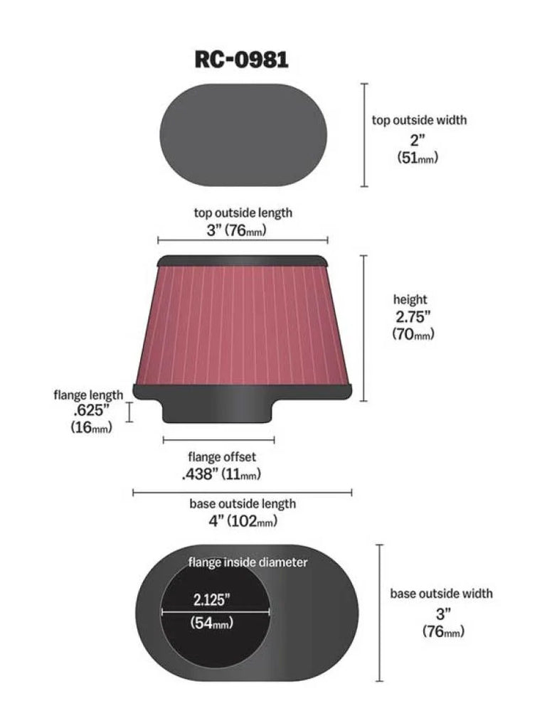 K&N Uni Chrome Oval Tapered Filter 2.125in FlgID x 4inB OL x 3inB OW x 3inT OL x 2inT OW x 2.75in H - Main Product View
