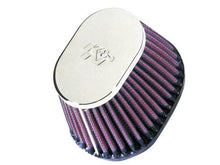 Load image into Gallery viewer, K&amp;N Uni Chrome Oval Tapered Filter 2.125in FlgID x 4inB OL x 3inB OW x 3inT OL x 2inT OW x 2.75in H - Back View