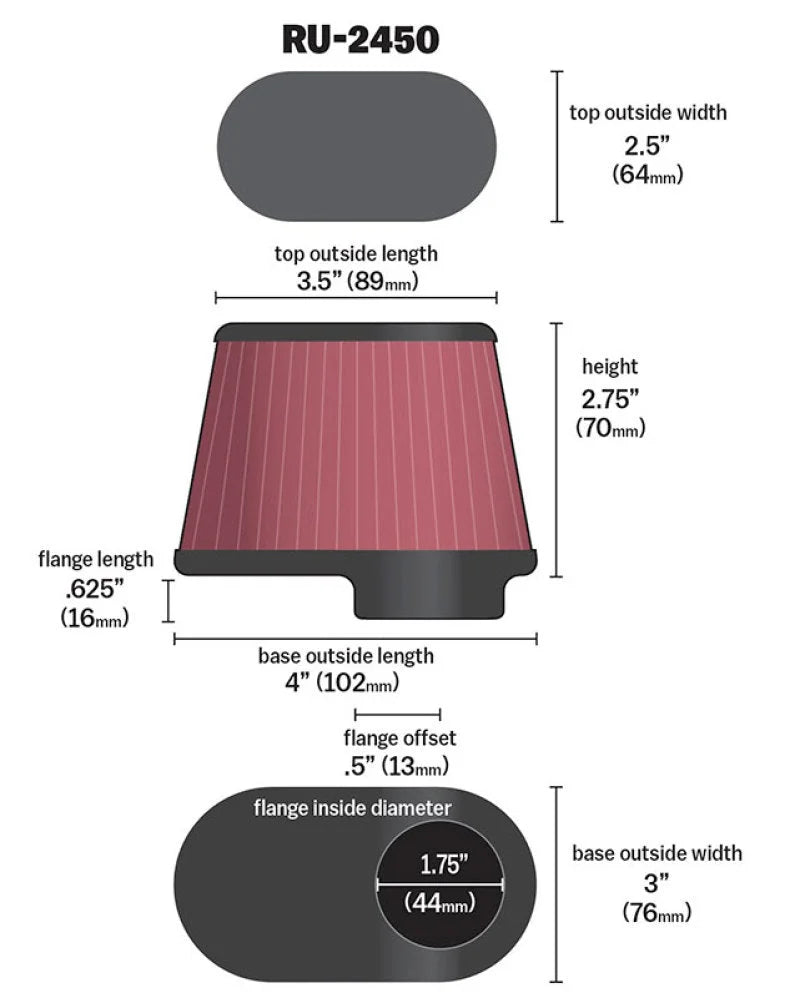 K&N Univ Clamp-On Air Filter - 1-3/4in FLG O/S 4in X 3in B 3in X 2in T 2-3/4inH OVAL - Additional View 8