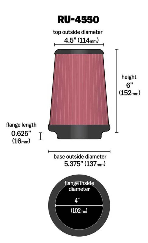 K&N Universal Air Filter 4in Flange / 5-3/8in Base / 4-1/2in Top / 6in Height - Additional View 11