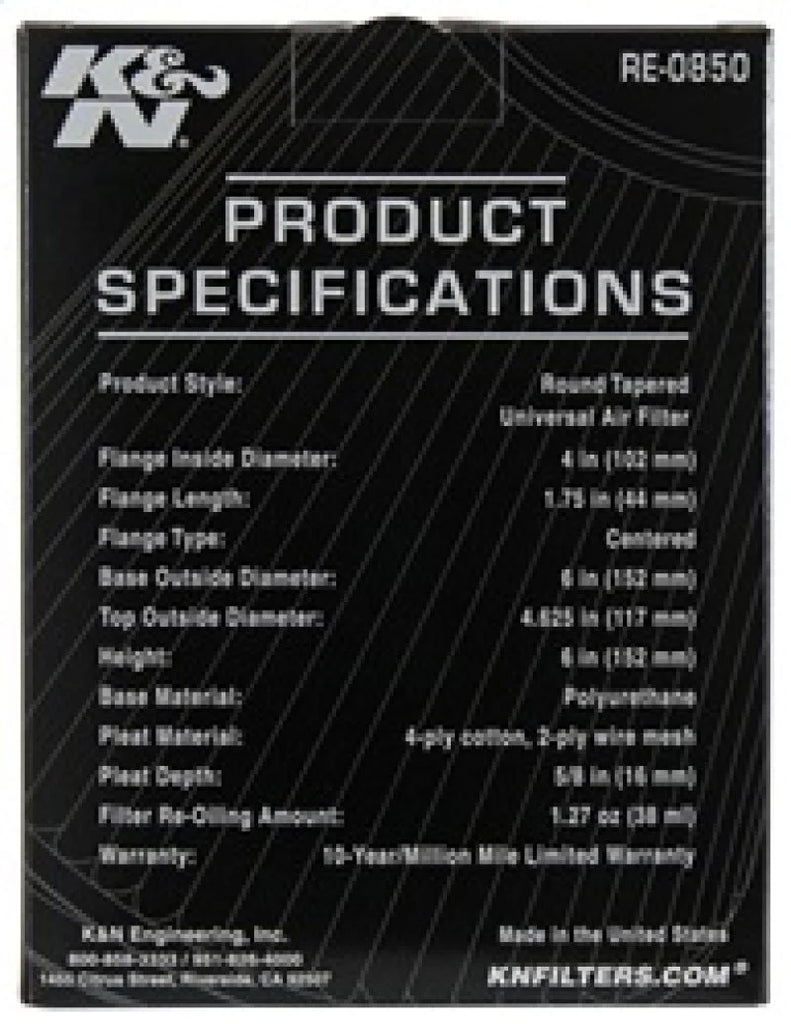 K&N Universal Air Filter (4in. Flange / 6in. Base OD / 4-5/8in. Top OD / 6in. Height) - Additional View 6