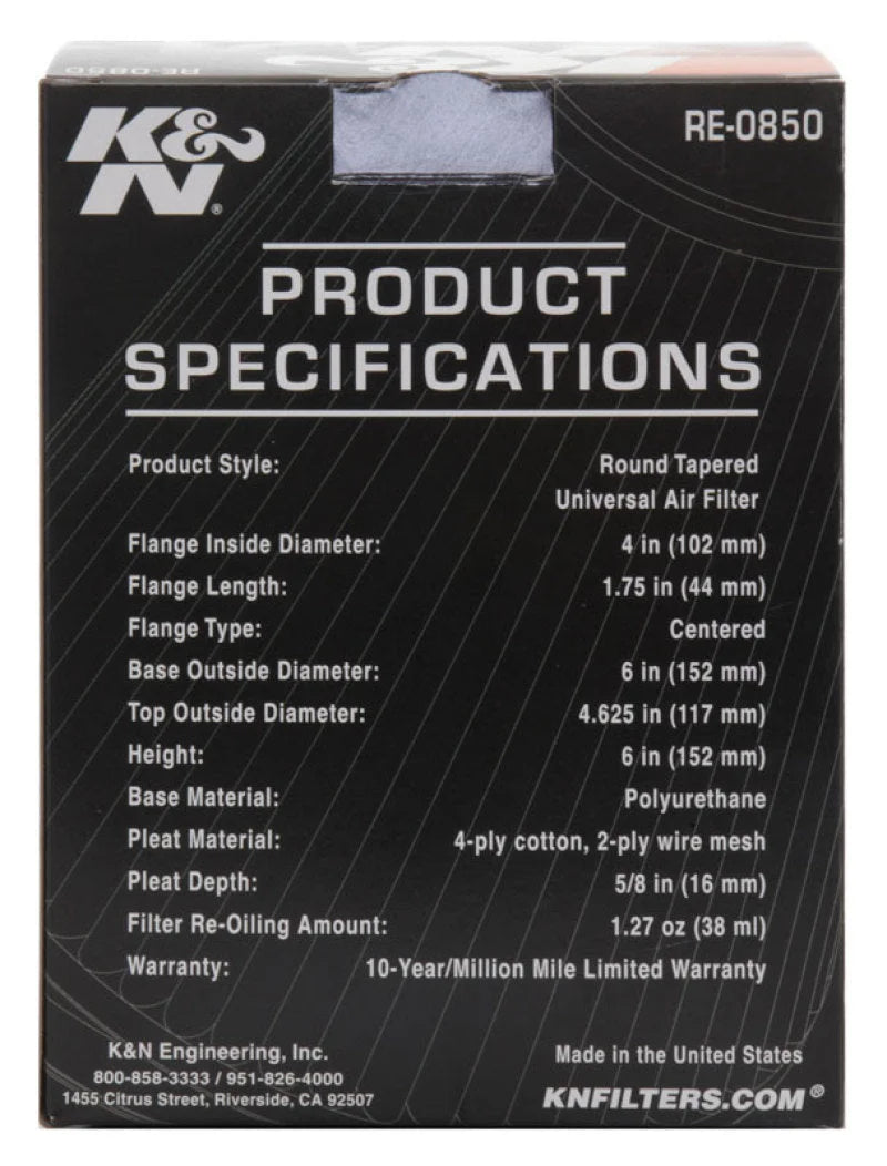 K&N Universal Air Filter (4in. Flange / 6in. Base OD / 4-5/8in. Top OD / 6in. Height) - Additional View 15