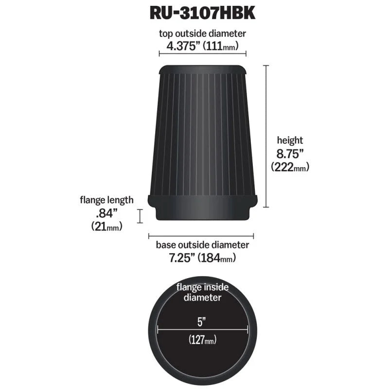 K&N Universal Air Filter (5in Flange / 6-1/2in Base / 4-3/8in Top OD / 8-3/4in Height) - Detail View