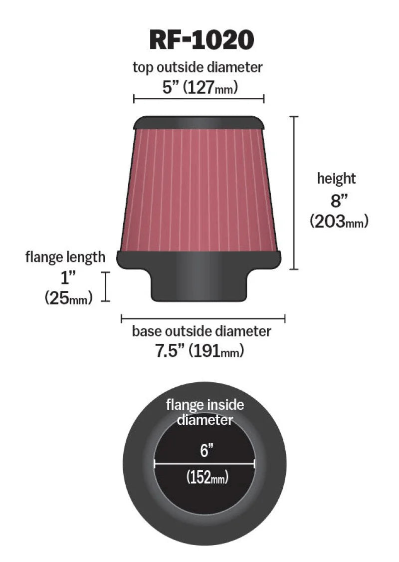 K&N Universal Air Filter 6in Flange ID x 7.5in Base / 5in OD Top x 8in H - Side View