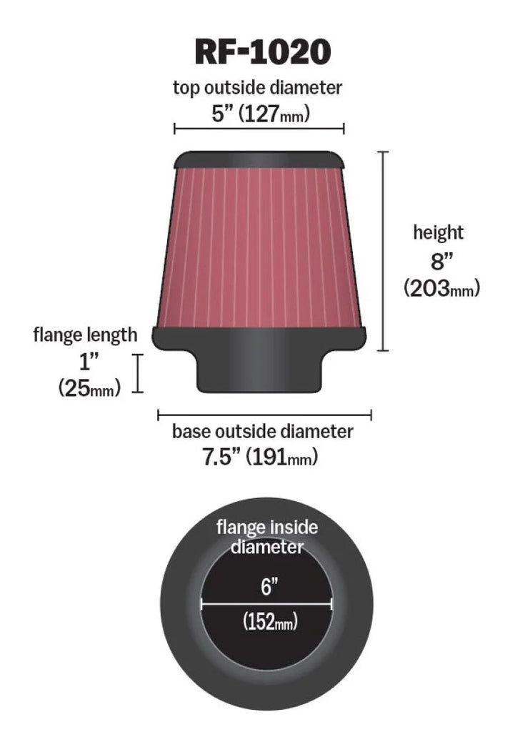 K&N Universal Air Filter 6in Flange ID x 7.5in Base / 5in OD Top x 8in H - Side View
