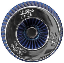 Load image into Gallery viewer, K&amp;N Universal Air Filter Chrome Round Tapered Blue - 4in Flange ID x 1.125in Flange Length x 5.5in H - Installation View