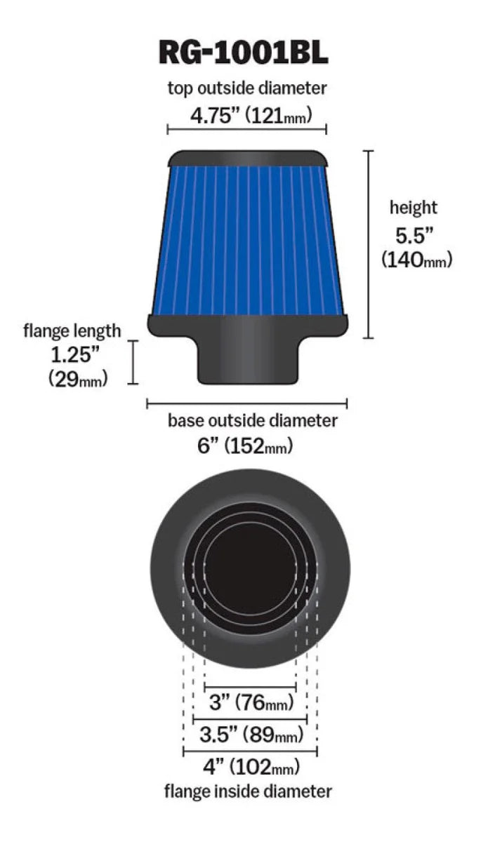 K&N Universal Air Filter Chrome Round Tapered Blue - 4in Flange ID x 1.125in Flange Length x 5.5in H - Additional View 13