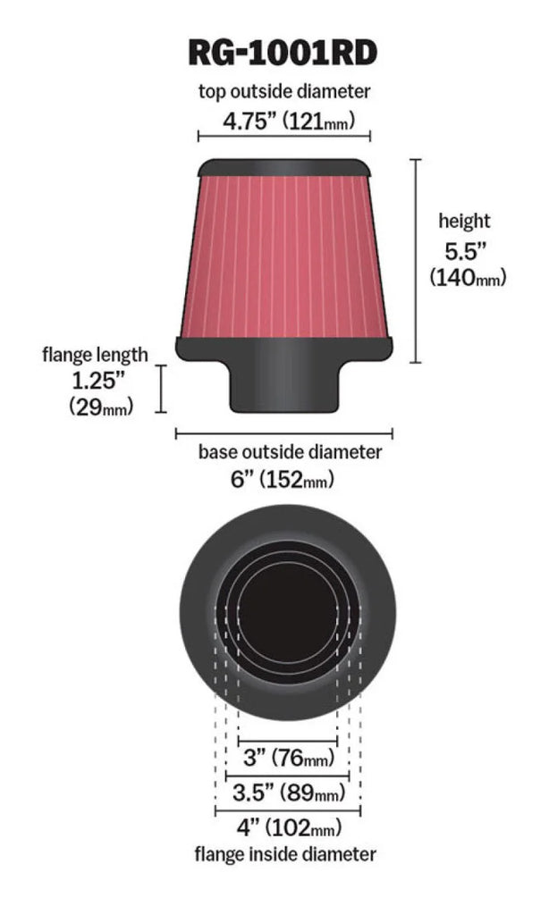 K&N Universal Air Filter Chrome Round Tapered Red - 4in Flange ID x 1.125in Flange Length x 5.5in H - Additional View 8