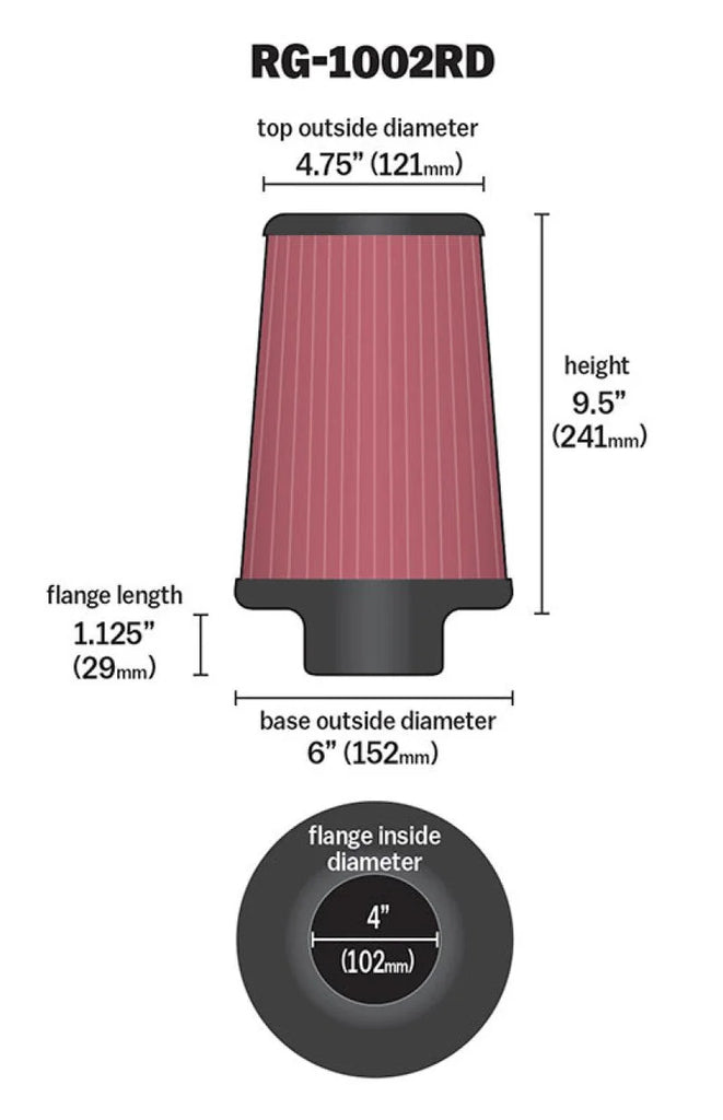 K&N Universal Air Filter Chrome Round Tapered Red - 4in Flange ID x 1.125in Flange Length x 9.5in H - Side View