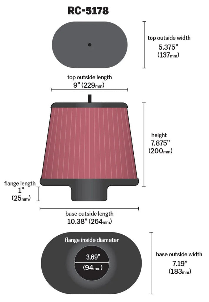 K&N Universal Air Filter - Oval Straight - 3.688in Flange ID x 10.25in Base O/S Length x 7.875in H - Side View
