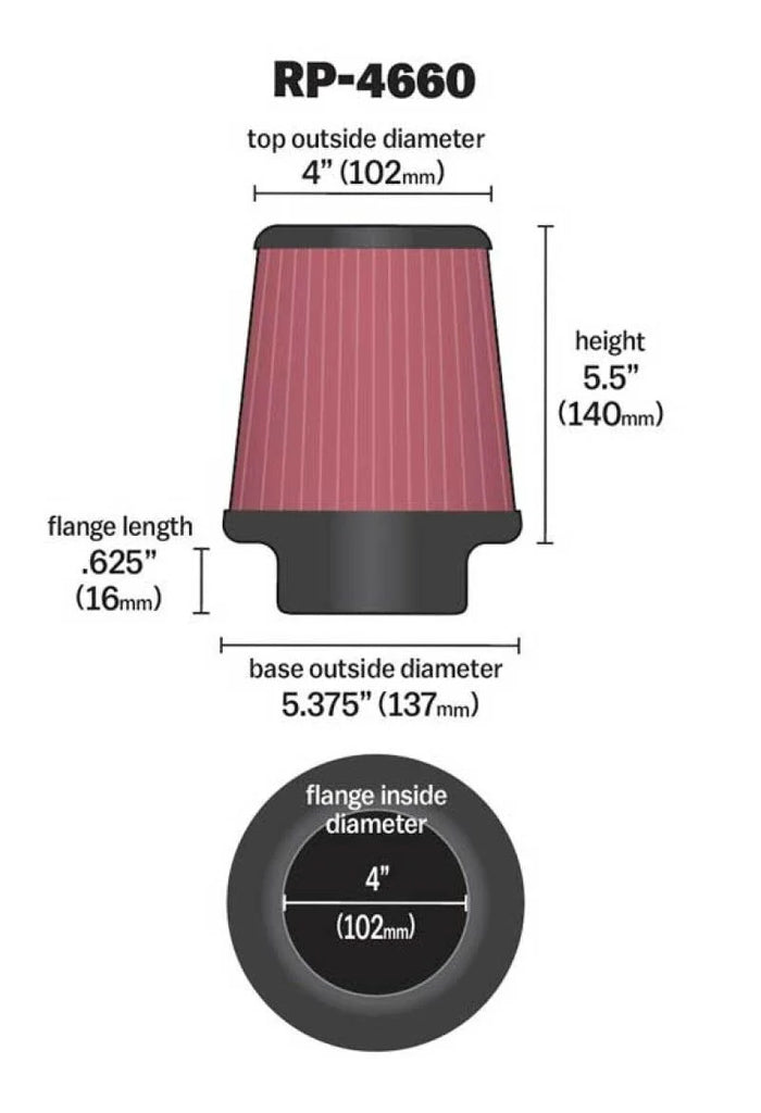 K&N Universal Air Filter - Round Tapered 4in Flange ID / 5.375in Base OD / 4in Top OD / 5.5in H - Additional View 7