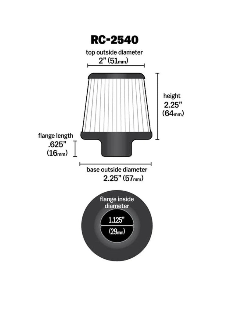 K&N Universal Chrome Filter 1 1/8 inch FLG / 2 1/4 inch Bottom / 2 inch Top / 2.5 inch Height - Detail View