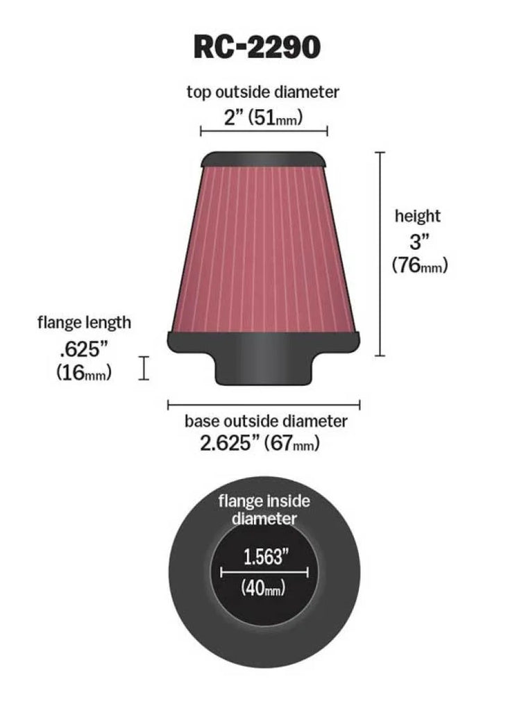 K&N Universal Chrome Filter 1 9/16 inch FLG / 2 5/8 inch Bottom / 2 inch Top / 3 inch Height - Side View