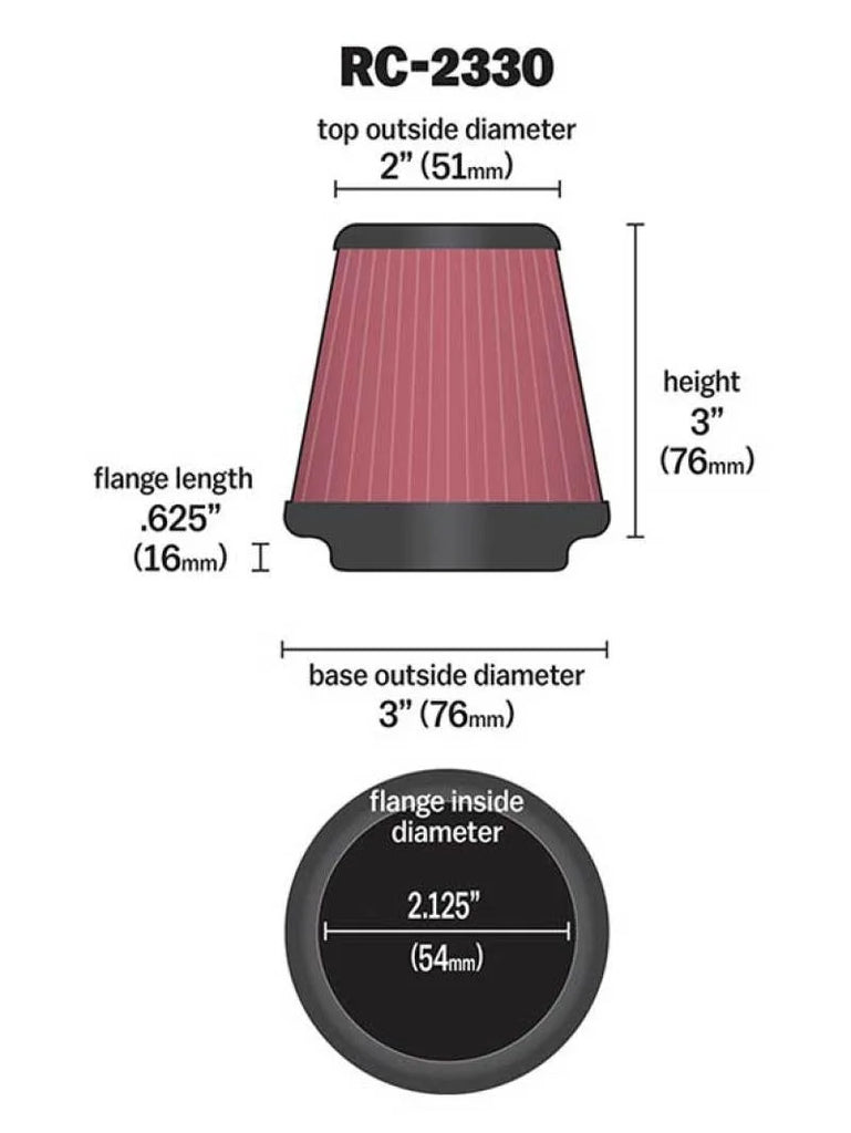 K&N Universal Chrome Filter 2 1/8 inch FLG / 3 inch Bottom / 2 inch Top / 3 inch Height - Side View