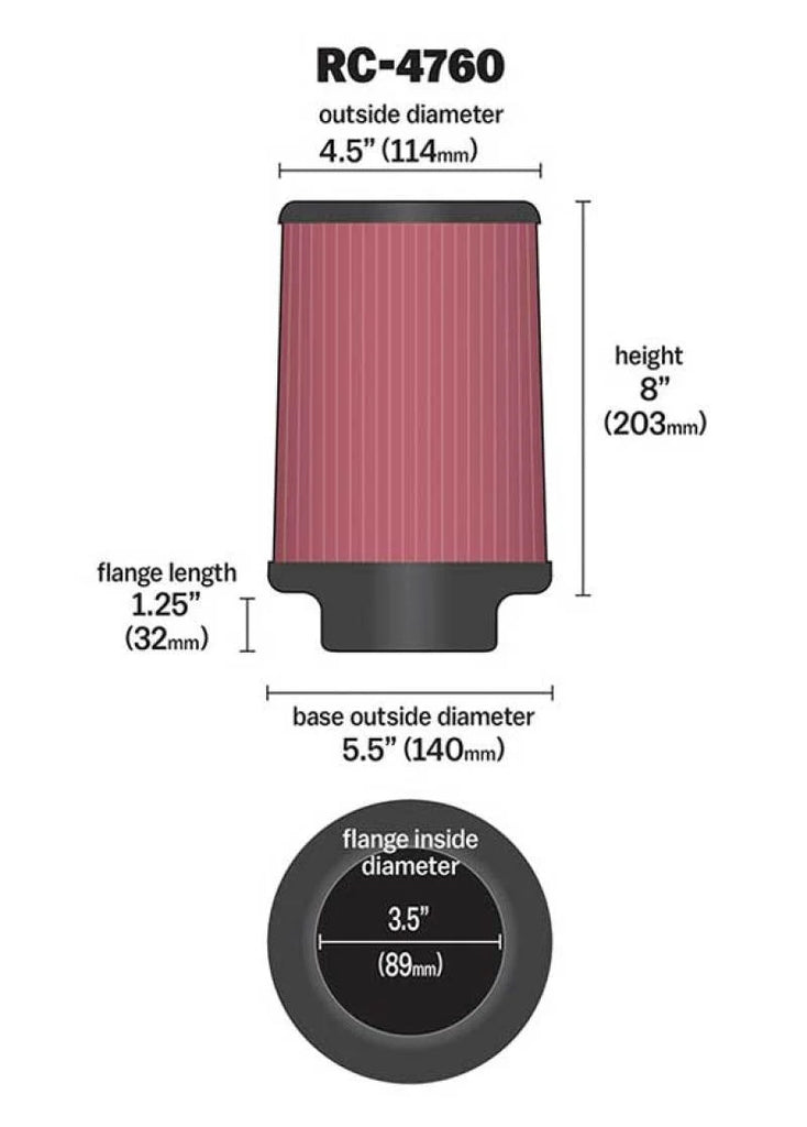 K&N Universal Chrome Filter 3 1/2 inch FLG / 5 1/2 inch Bottom / 4 1/2 inch Top / 8 inch Height - Additional View 5