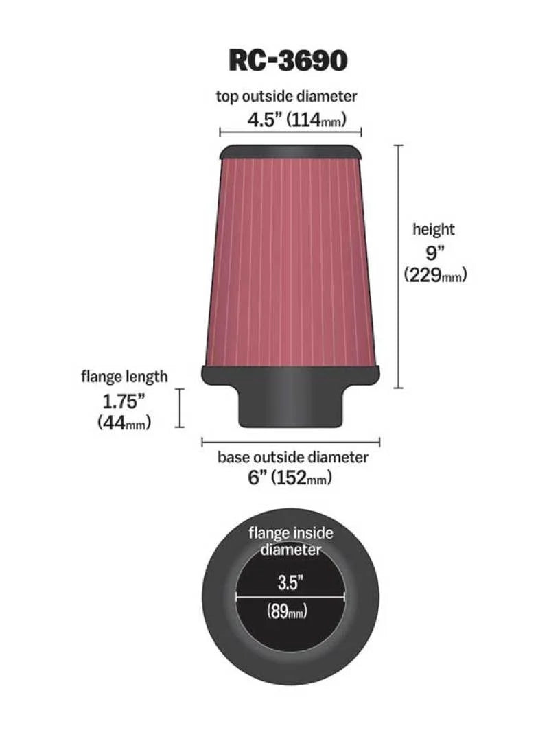 K&N Universal Chrome Filter 3 1/2 inch ID FLG / 6 inch Bottom / 4 1/2 inch CR / 9 inch Length - Additional View 7