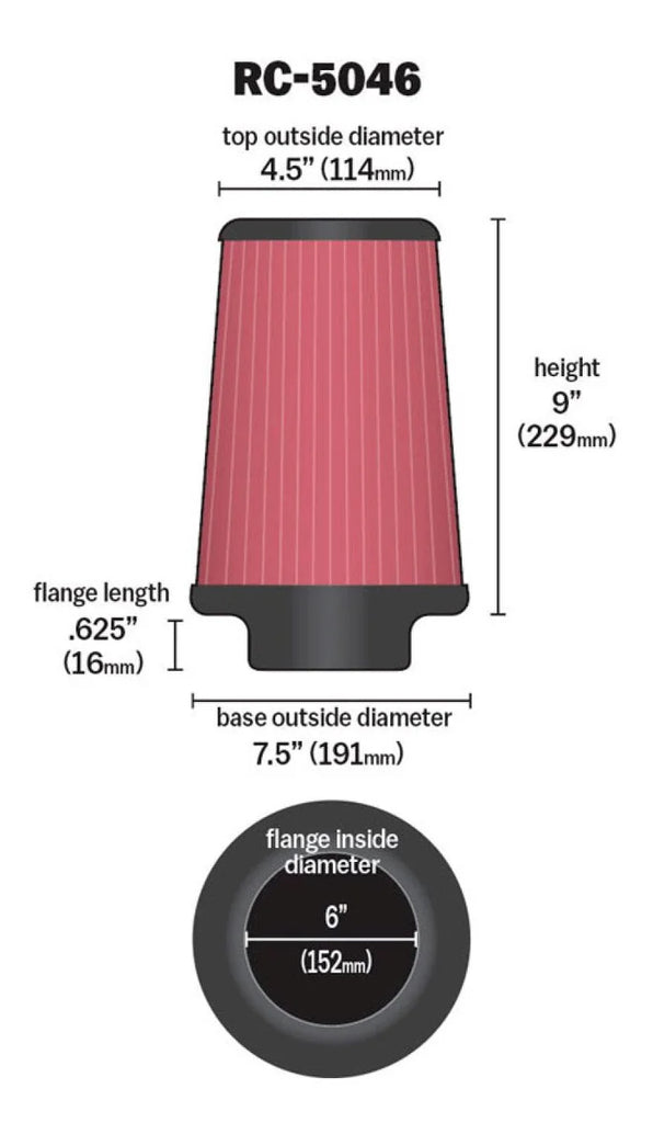 K&N Universal Chrome Filter 6 inch FLG / 7.5 inch Base / 4.5 inch Top / 9 inch Height - Side View