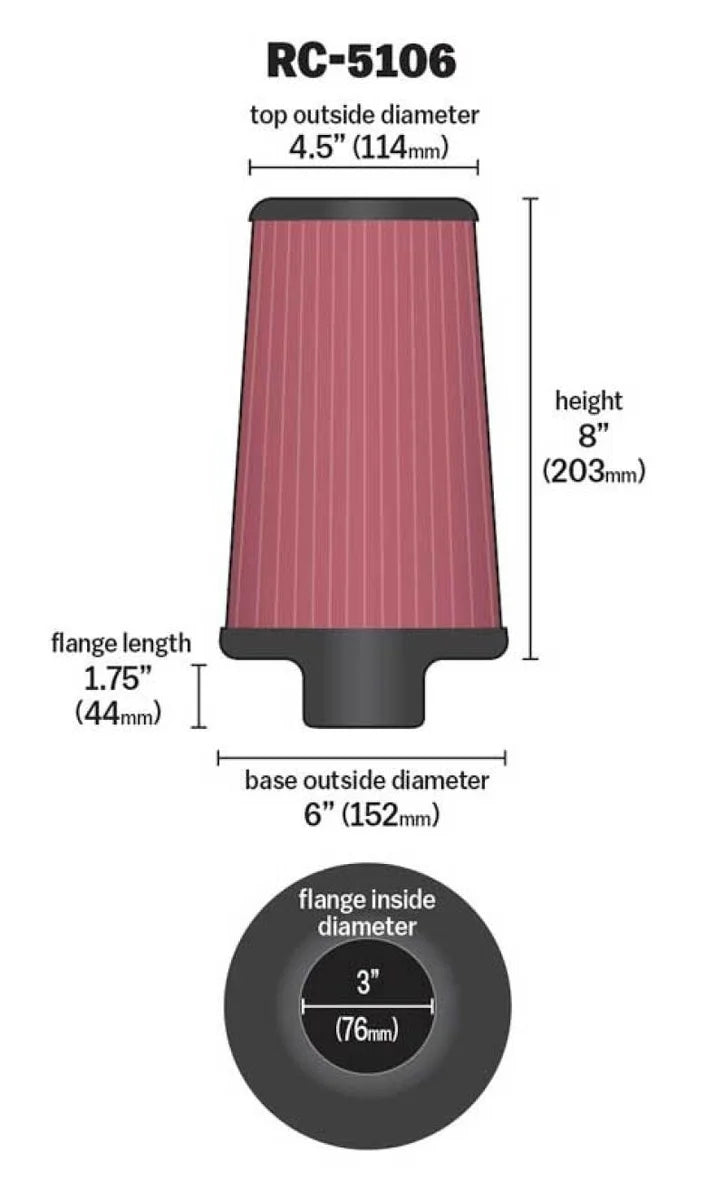 K&N Universal Chrome Round Tapered Air Filter 3in FlangeID / 6in Base OD / 4.5in Top OD / 8in Height - Additional View 6