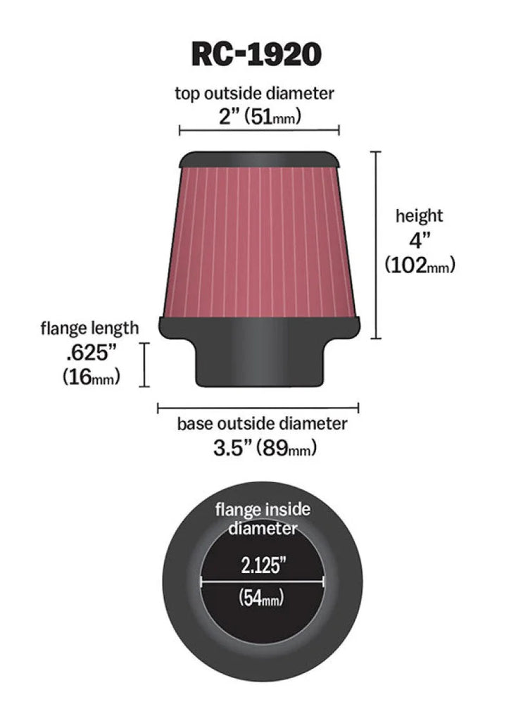 K&N Universal Clamp-On Air Filter 2-1/8in Flange 3-1/2in Base 2in Top 4in Height - Side View